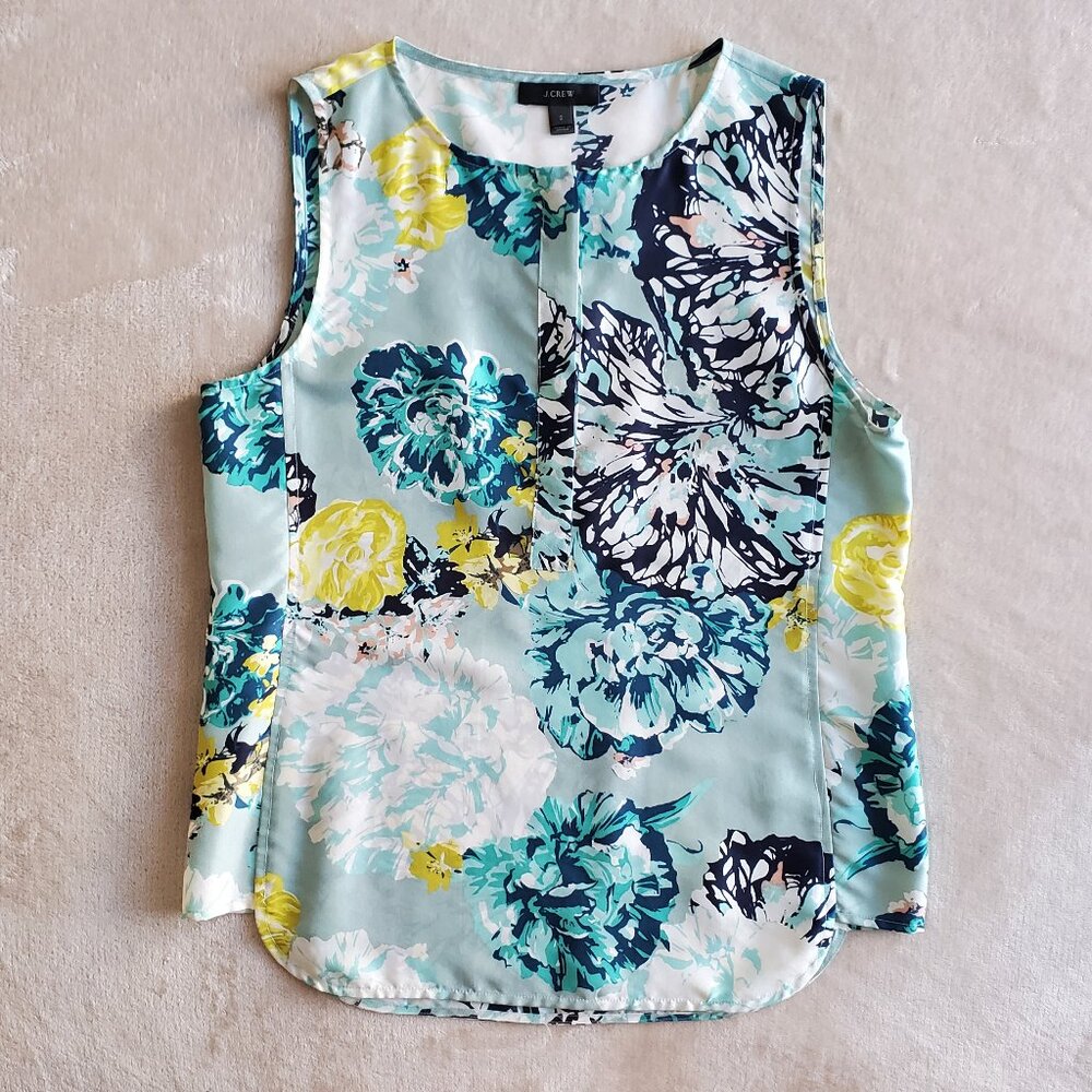 J.Crew aquatic sleeveless silk aqua floral top Garden Party Vacation top Size 2